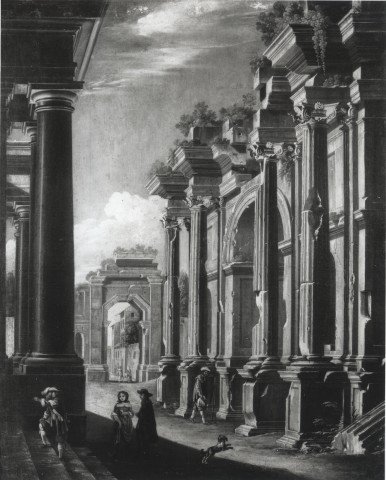 Anonimo — Codazzi Niccolò - sec. XVII - Arco di trionfo in rovina e figure — insieme